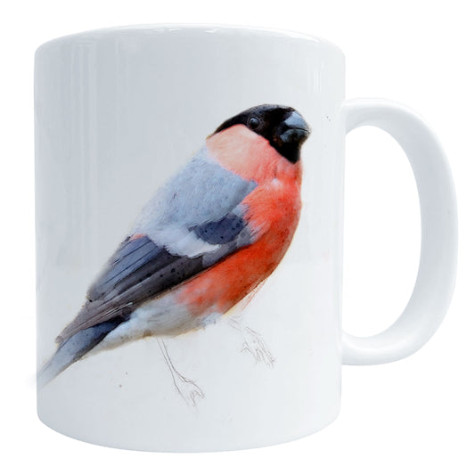 glossy white ceramic mug printed with bullfinch bird art on white background