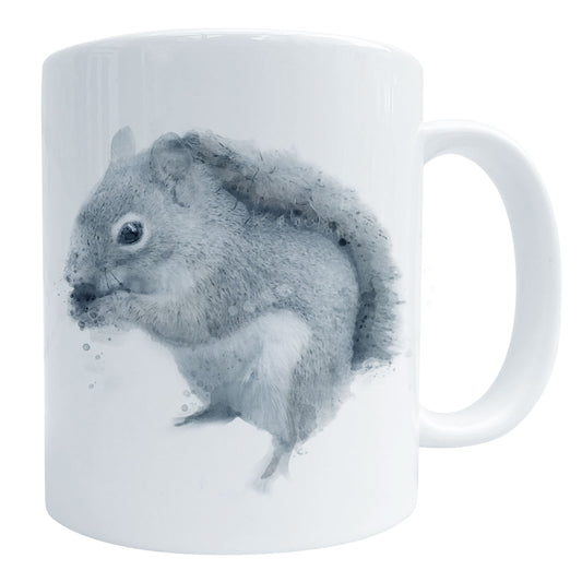 an 11 oz white glossy coffee cup featuring a watercolour grey squirrel art print, shown against a white backdrop