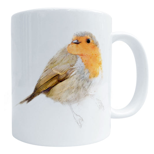 A glossy white ceramic coffee mug featuring a watercolour robin art print, shown against a white backdrop.
