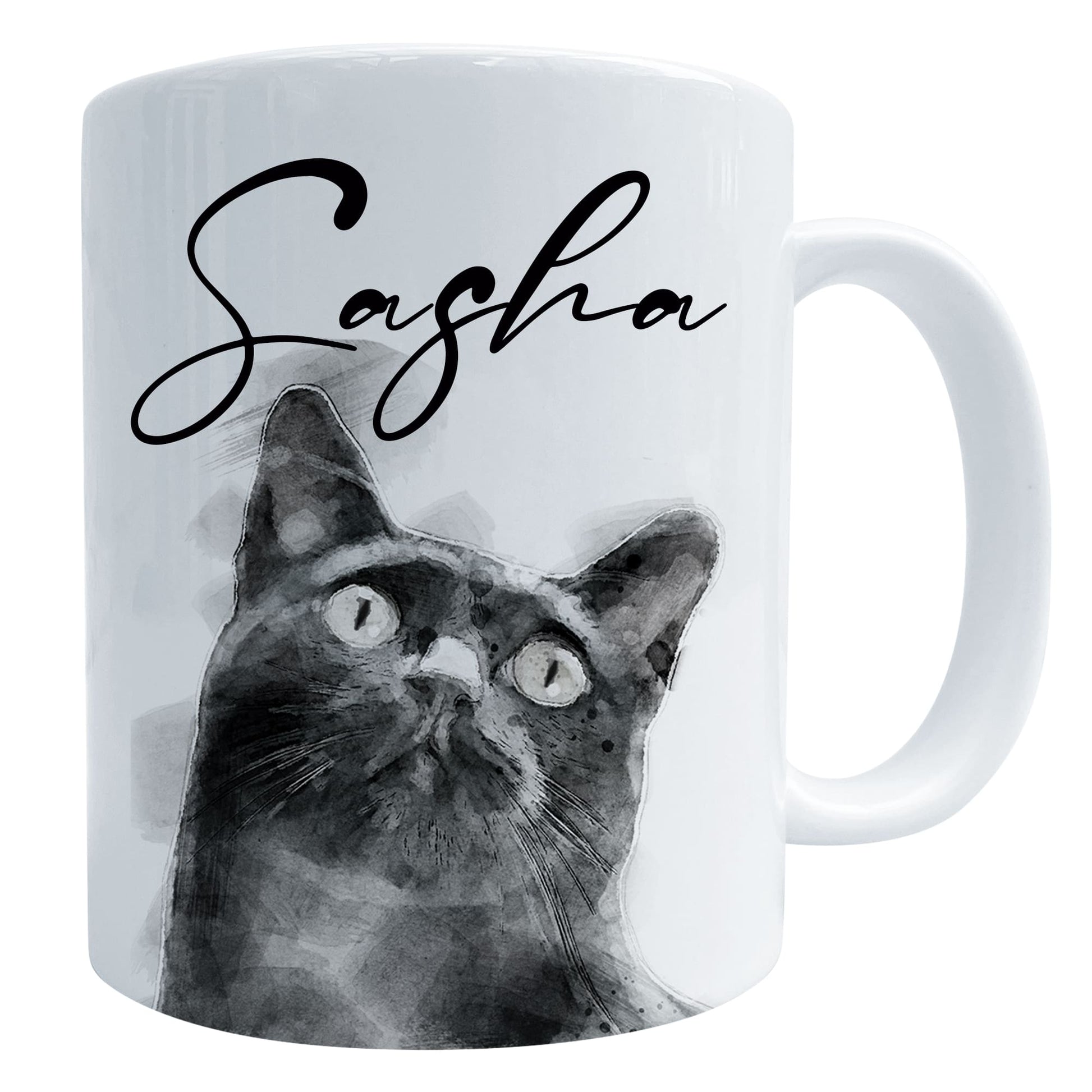 A glossy white ceramic coffee cup with black cat art print and custom text saying 'Sasha' as an example