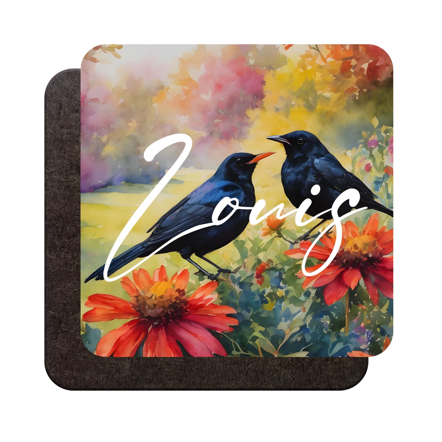 A glossy wood backed coaster shown from both sides, featuring a watercolour blackbird art print and a personalised name, shown against a white backdrop
