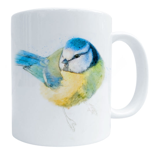 A ceramic glossy white mug with an abstract blue tit bird art print