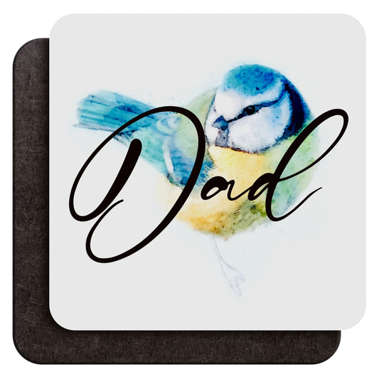 A glossy wood backed coaster shown from both sides, featuring a watercolour blue tit and a personalised name, shown against a white backdrop
