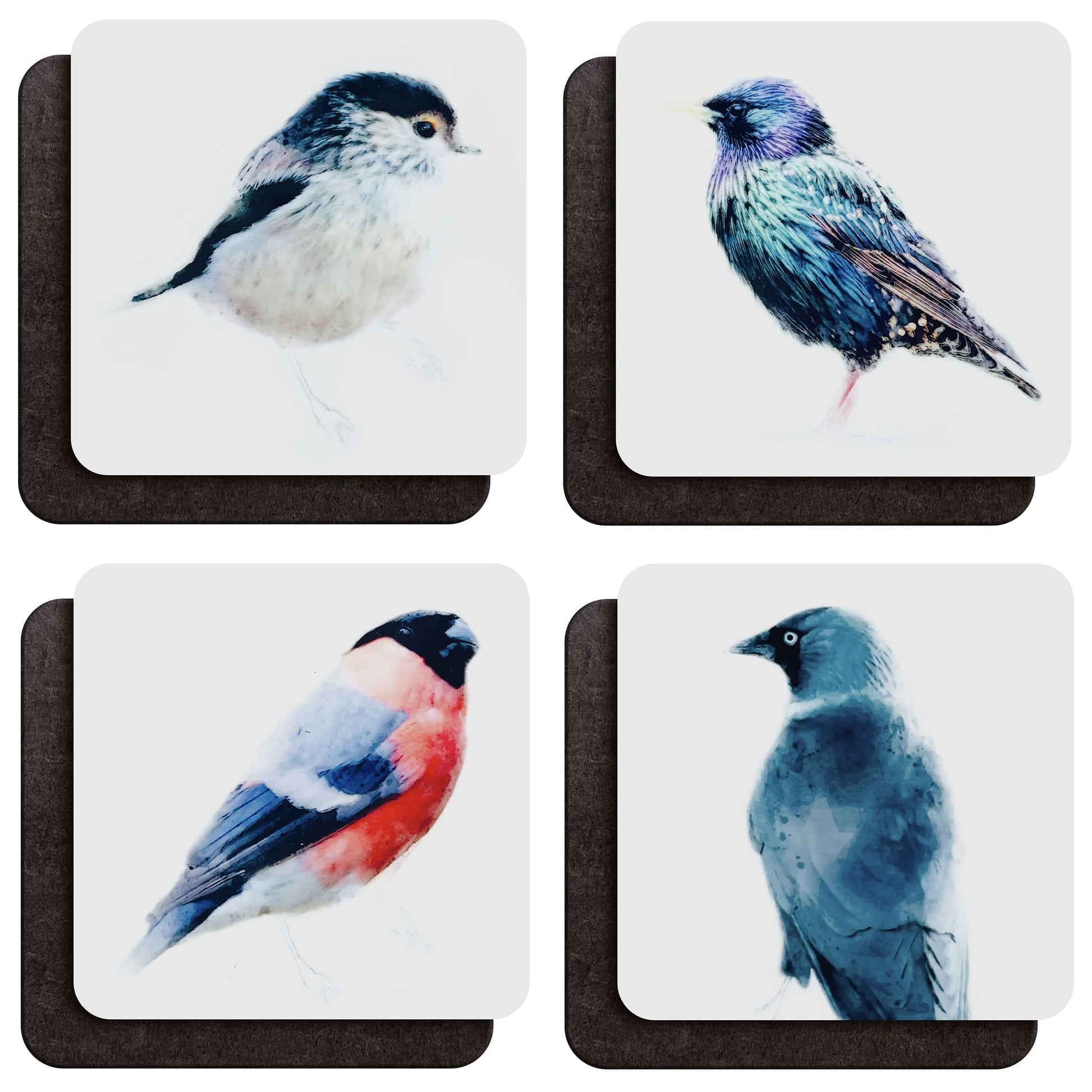 Four wood coffee coasters shown from both sides, with watercolour long-tailed tit, starling, bullfinch and jackdaw art prints on one side and a dark wood backing on the other, shown against a white background.
