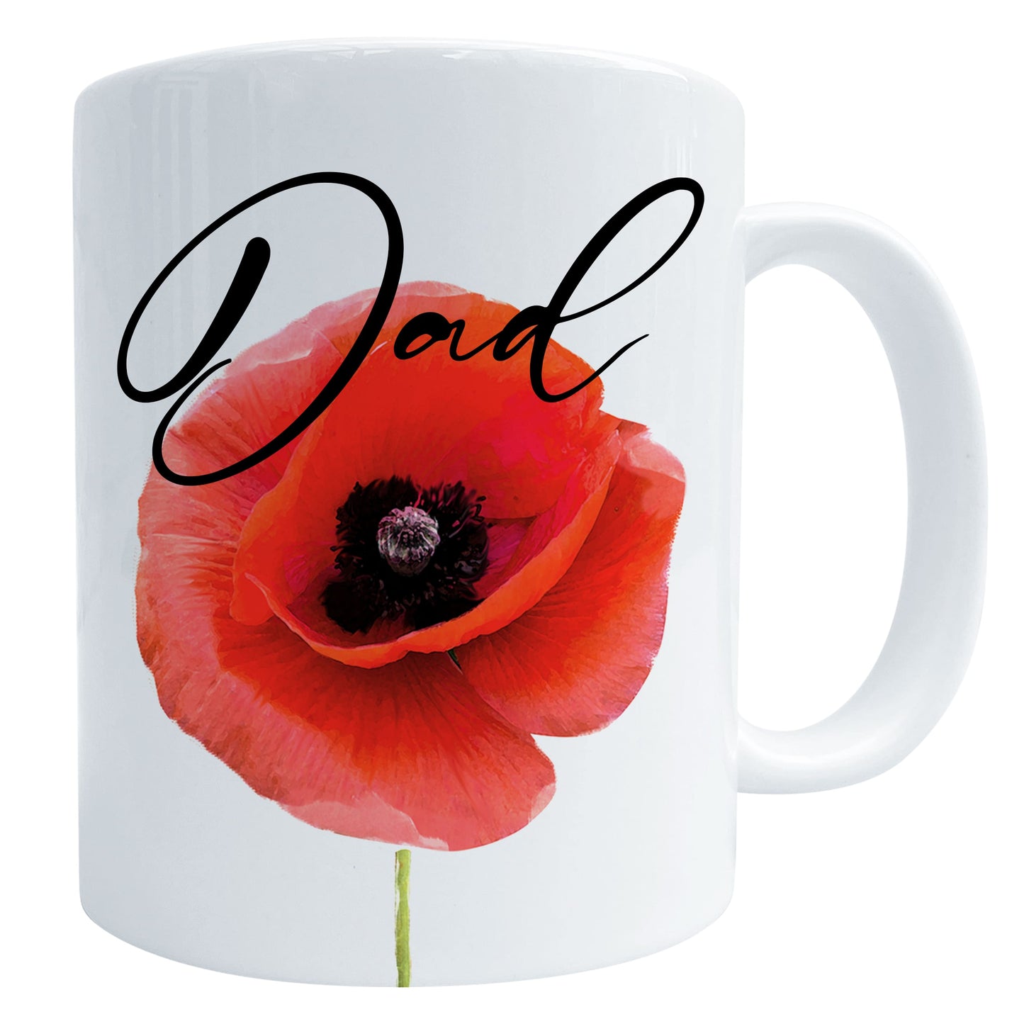 a glossy white ceramic mug with a watercolour red poppy art print and a personalised cursive name saying ‘Dad’ as an example, shown against a white backdrop