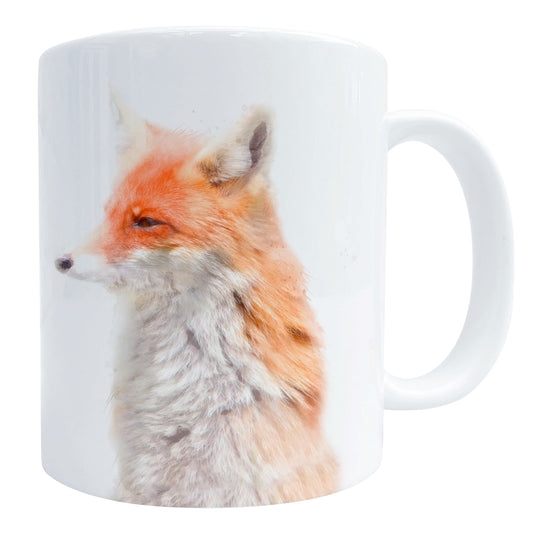 A glossy white 11 oz white mug with a vivid orange fox portrait print, shown on a white background