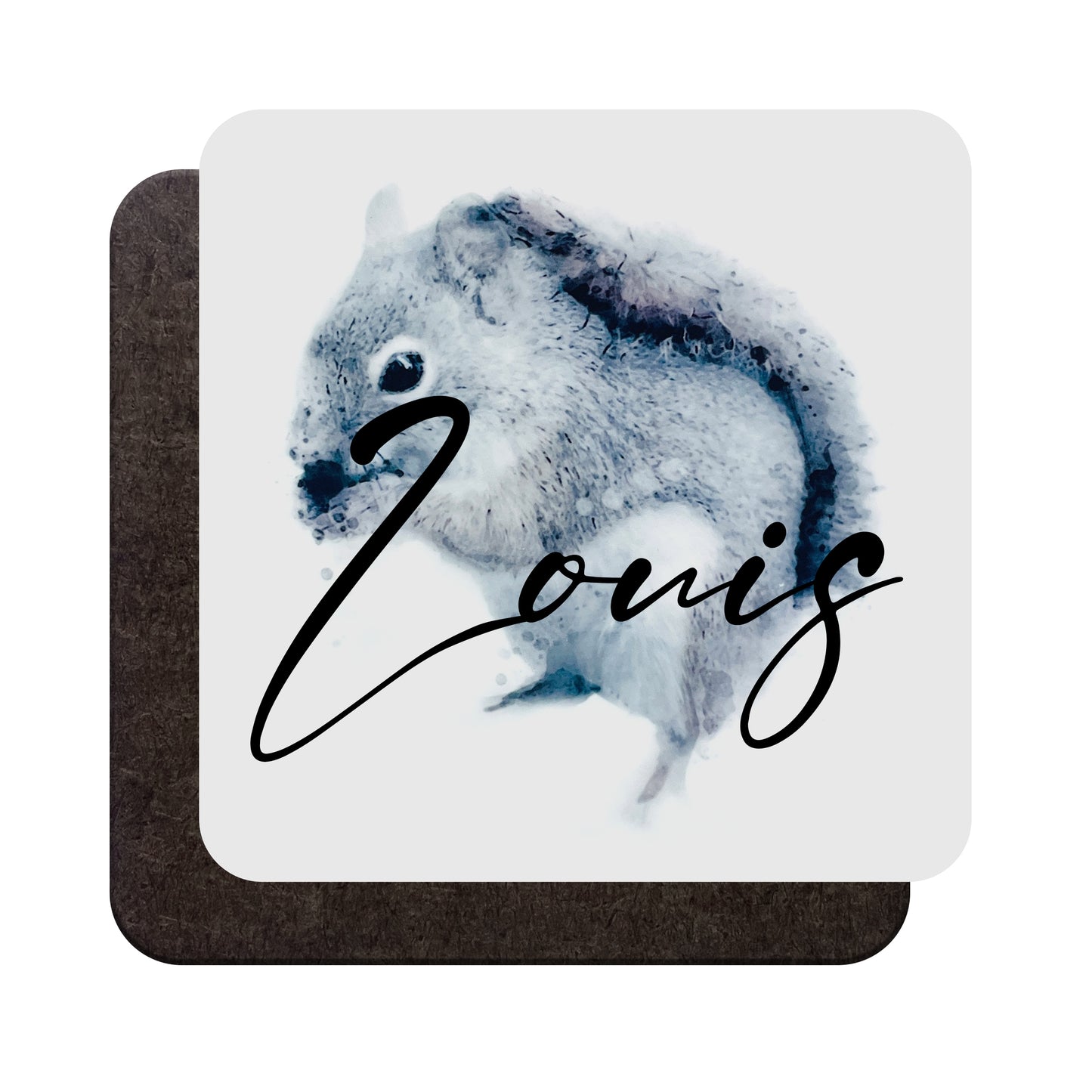 A glossy wood backed coaster shown from both sides, featuring a watercolour grey squirrel art print and a personalised name, shown against a white backdrop
