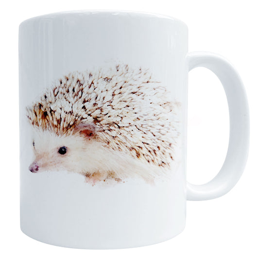 a glossy white coffee mug with a hedgehog art print, shown against a white backdrop