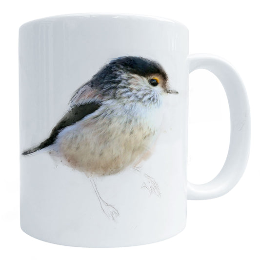 a glossy 11 oz ceramic coffee cup with a long-tailed tit bird art print, shown against a white background