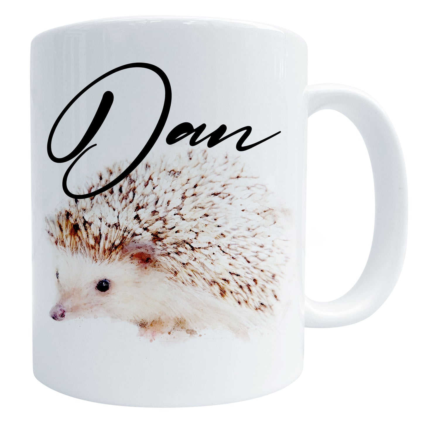 a glossy white ceramic mug with a watercolour hedgehog art print and a personalised cursive name saying ‘Dan’ as an example, shown against a white backdrop