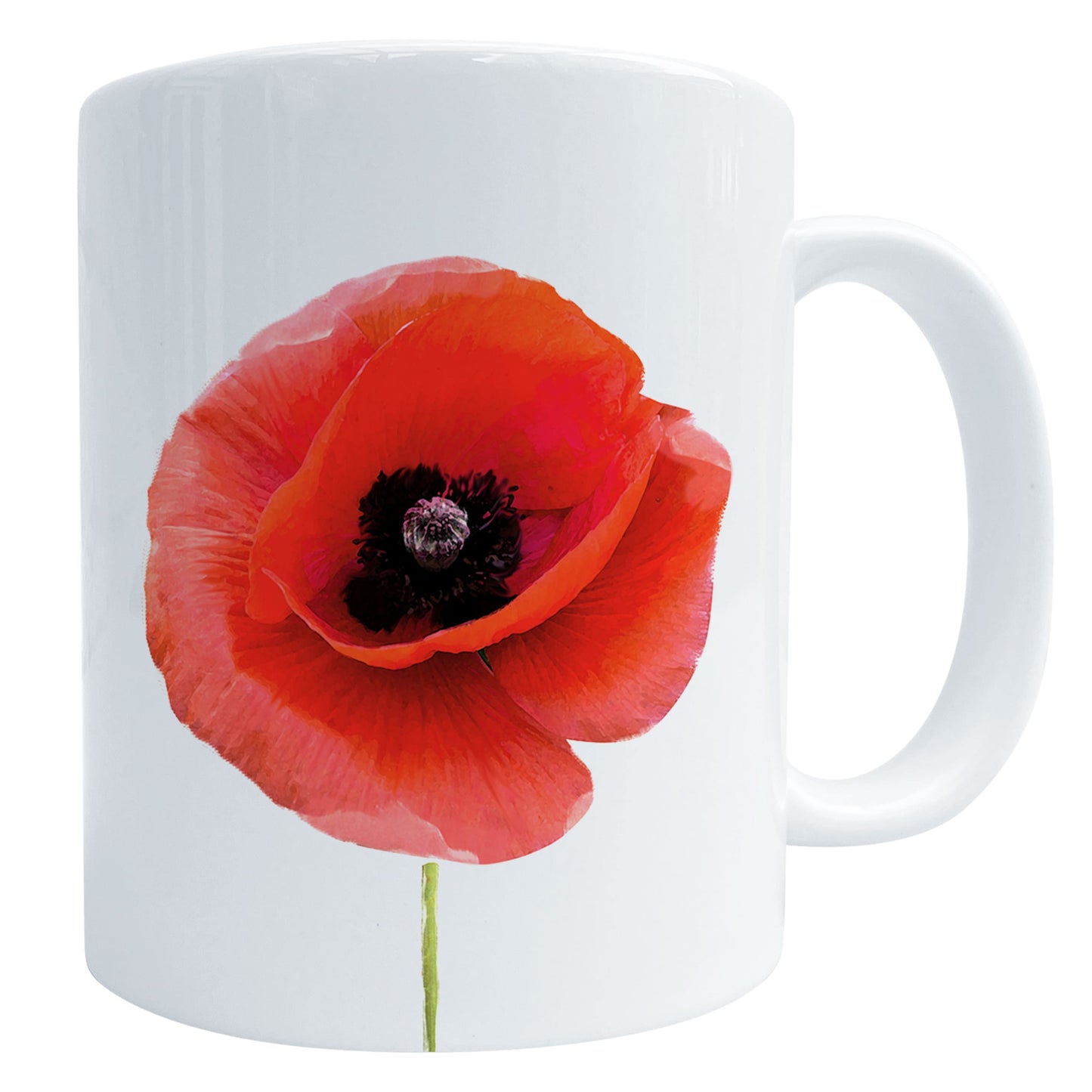 A glossy white ceramic mug with a red poppy flower design