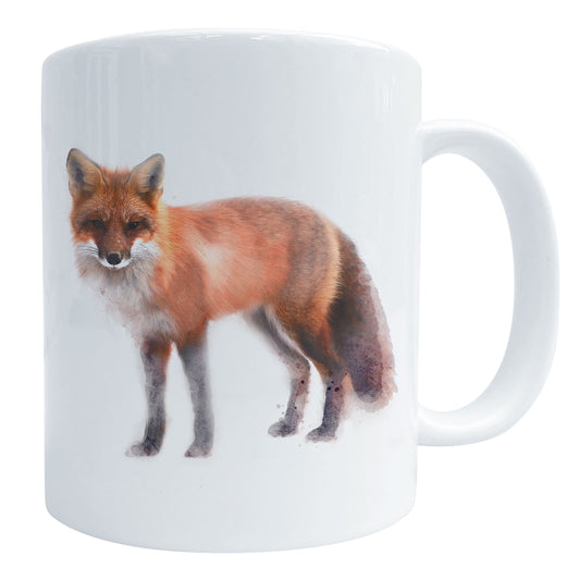 A glossy white ceramic coffee mug featuring a watercolour fox art print, shown against a white backdrop.
