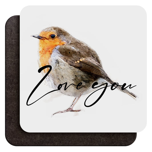 A 9 cm wood coffee coaster shown from both sides, with a watercolour robin art print and custom cursive text saying ‘Love you’ as an example on one side and dark wood backing on the other, shown against a white background