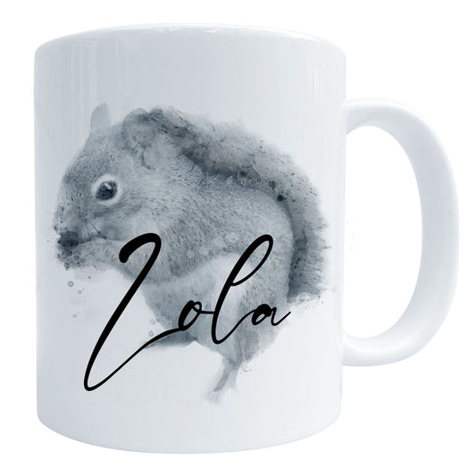 a glossy white ceramic mug with a watercolour grey squirrel  print and a personalised cursive name saying ‘Lola’ as an example, shown against a white backdrop