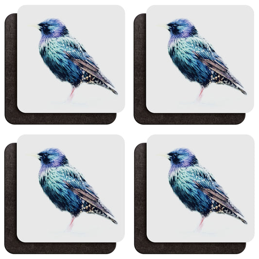 Four wood coffee coasters shown from both sides, with a watercolour starling bird art print on one side and a dark wood backing on the other, shown against a white background.
